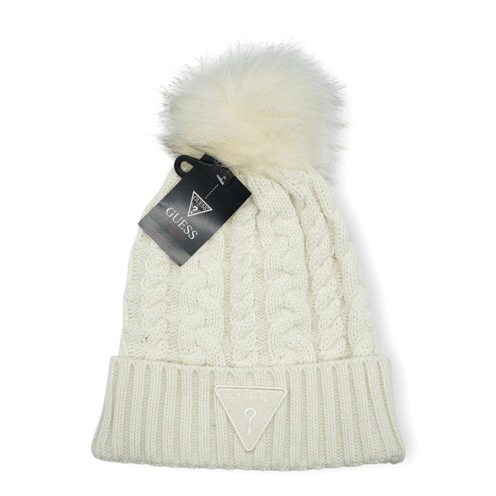 NWT GUESS Logo Women's Beanie Winter Hat With Pom Pom Off White ~ One Size
